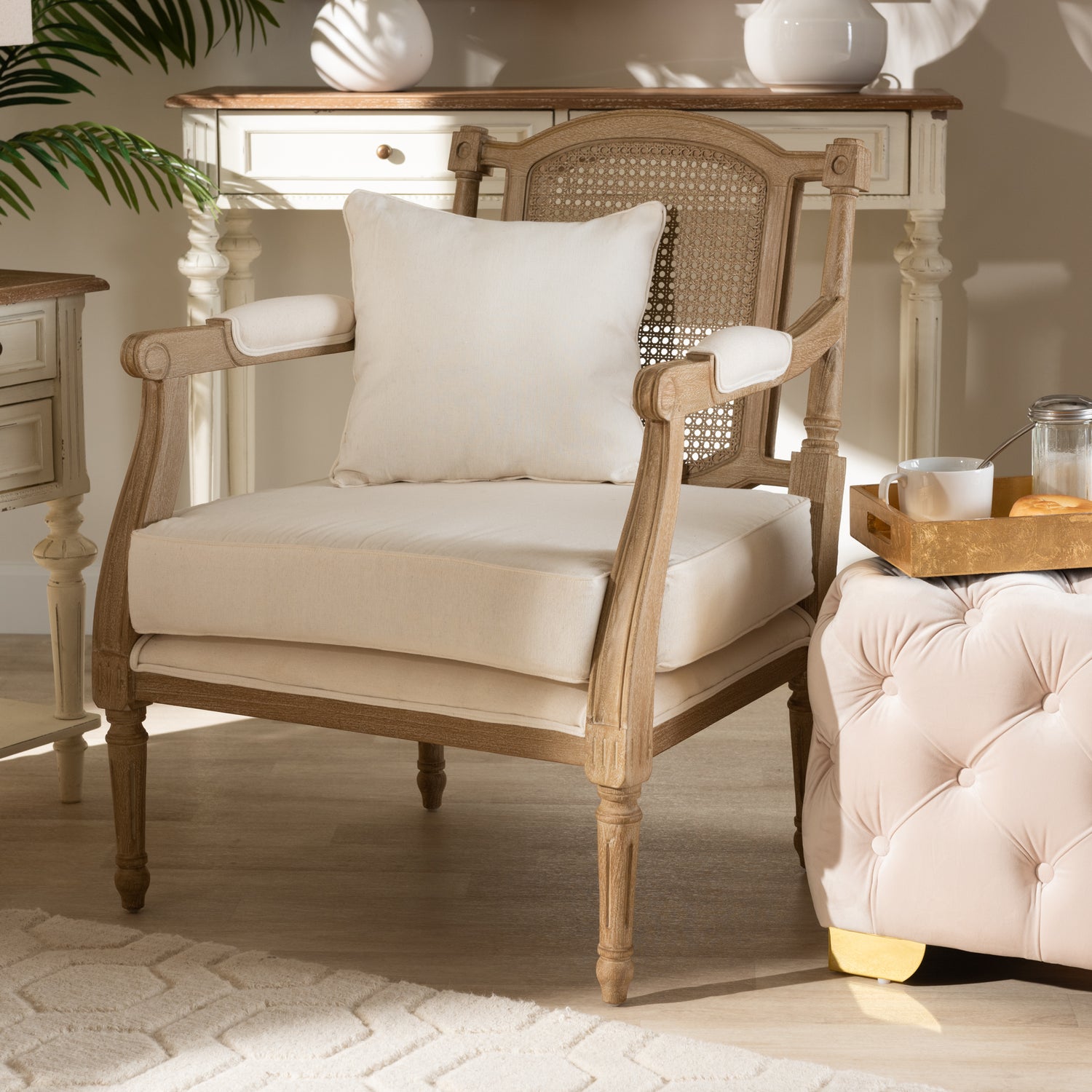 Clemence Armchair French Provincial Style Ivory Fabric Upholstery Whitewashed Wood Frame