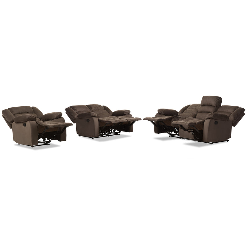 Hollace Modern Sofa Loveseat and Chair Set in Taupe Microsuede with 5 Recliners - Stylish Living Room Furniture