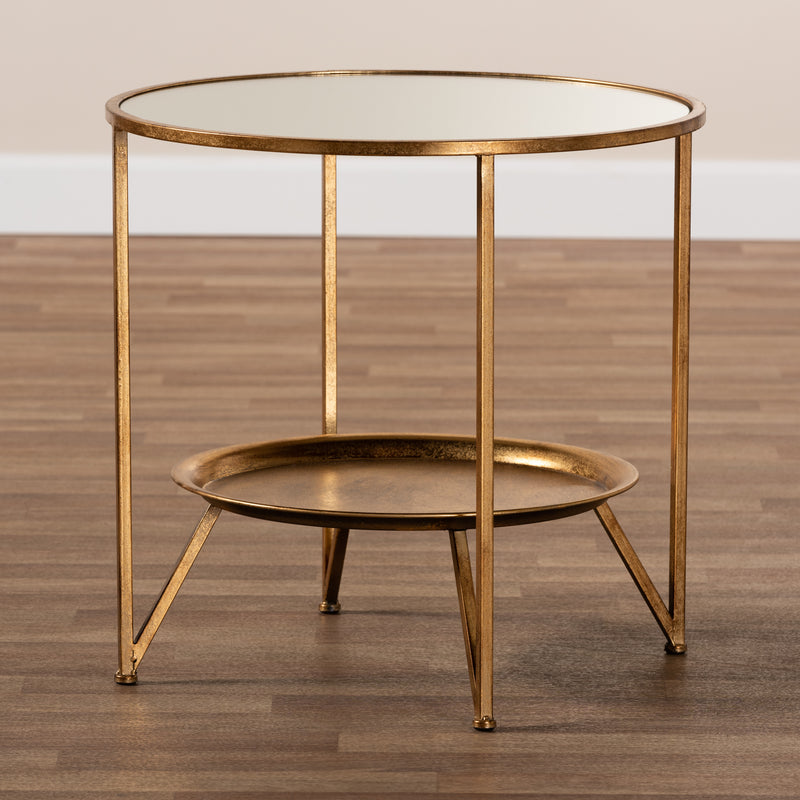 Tamsin Accent Table Modern Antique Gold Finished Metal with Mirrored Glass Tray Shelf for Stylish Home Decor