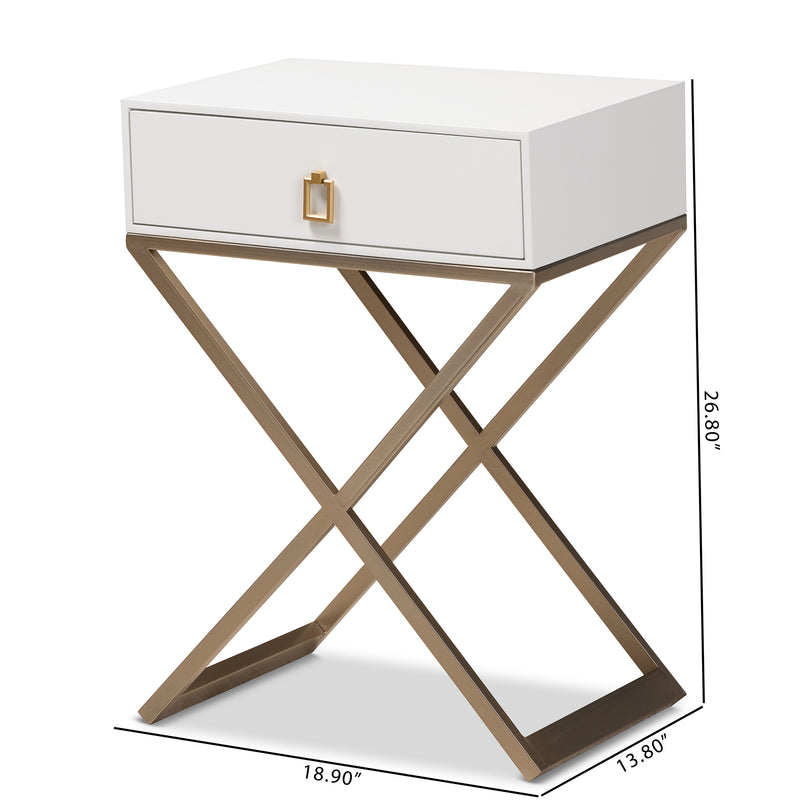 Patricia Modern End Table White Finished Wood with Brass Effect Metal 1-Drawer Design for Stylish Living Room or Bedroom Decor