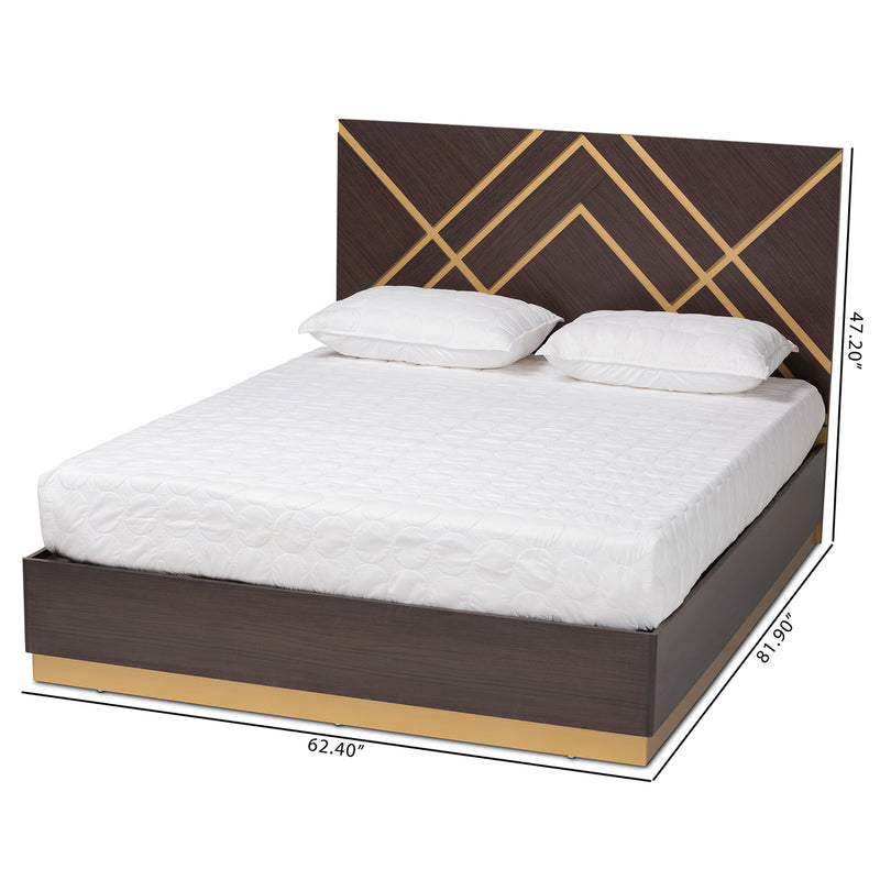 Arcelia Queen Size Platform Bed Contemporary Glam Luxe Design Two-Tone Dark Brown Gold Finished Wood