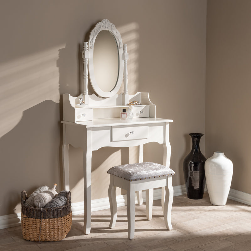 Veronique 2-Piece Vanity Set Traditional French Provincial White Wood Vanity Table with Mirror and Matching Ottoman for Elegant Bedroom Decor