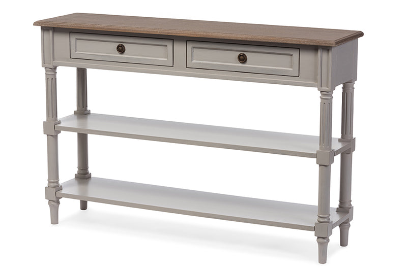 Edouard Console Table French Provincial Style White Wash Distressed Wood Grey Two-Tone 2-Drawer Design for Elegant Home Decor