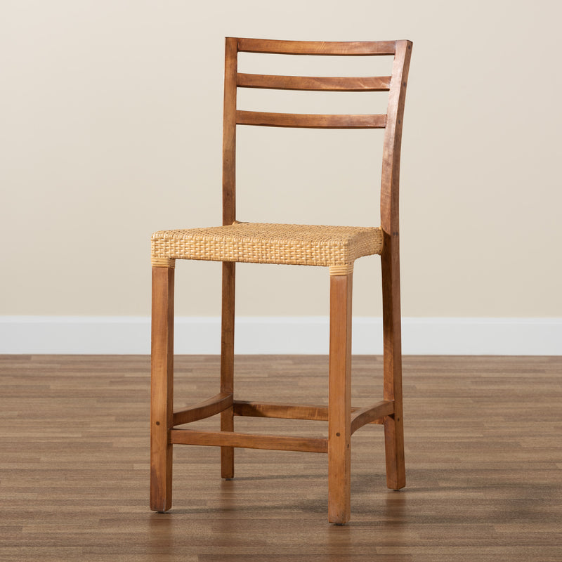 Arthur Counter Stool - Mid-Century Modern Walnut Brown Mahogany with Natural Rattan Seat