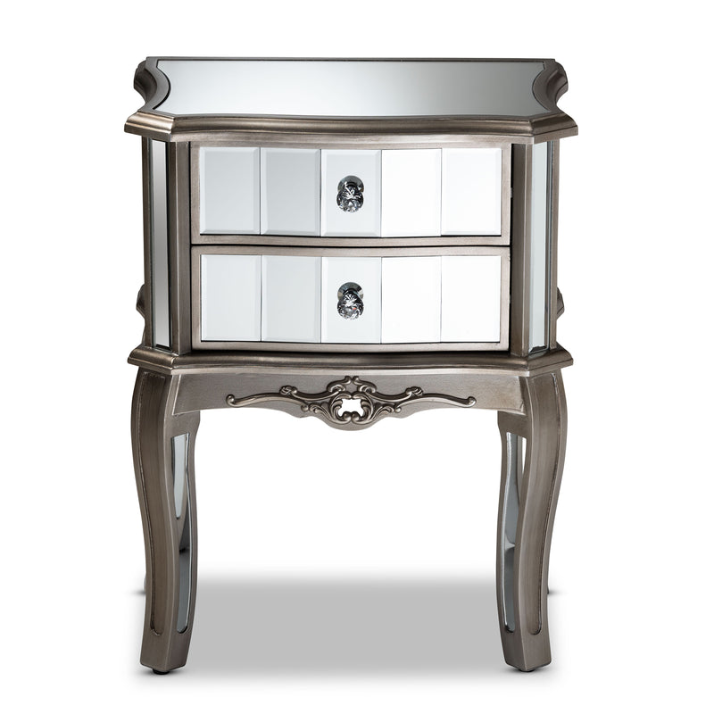 Elgin End Table - Contemporary Glam Design with Brushed Silver Wood and Mirrored Glass, Featuring 2 Stylish Storage Drawers