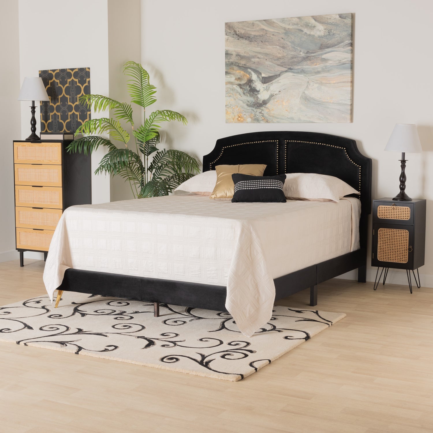 Oxley Queen Size Panel Bed in Glam Black Velvet with Gold Accents