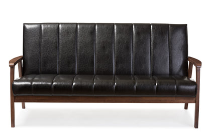 Nikko Sofa Mid-century Modern Scandinavian Style Black Faux Leather Wooden 3-Seater