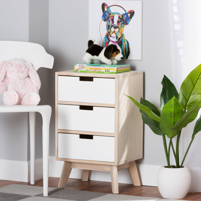 Halian Mid-Century Modern End Table - Two-Tone White and Light Brown Wood with 3 Drawers for Stylish Storage and Organization