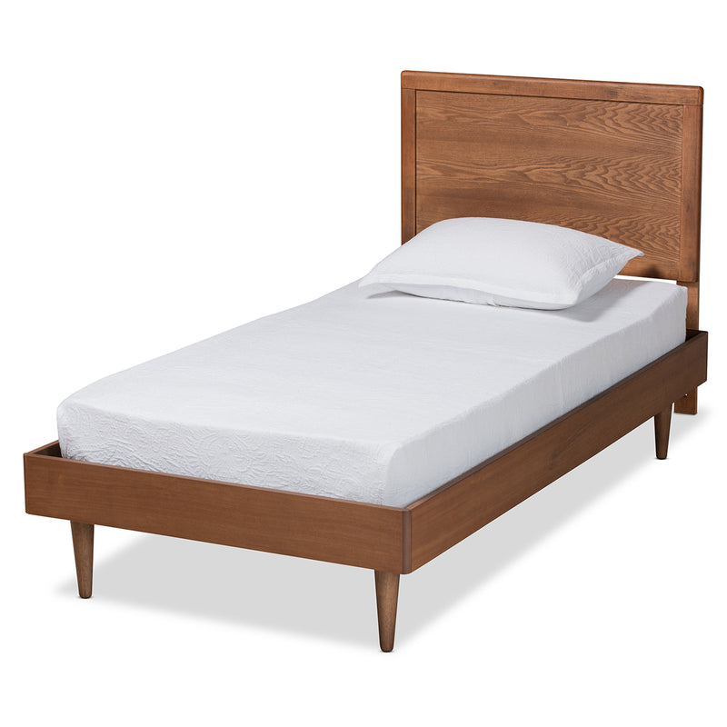 Hiro Twin Size Platform Bed in Mid-Century Walnut Brown Wood with Sleek Design and Sturdy Construction