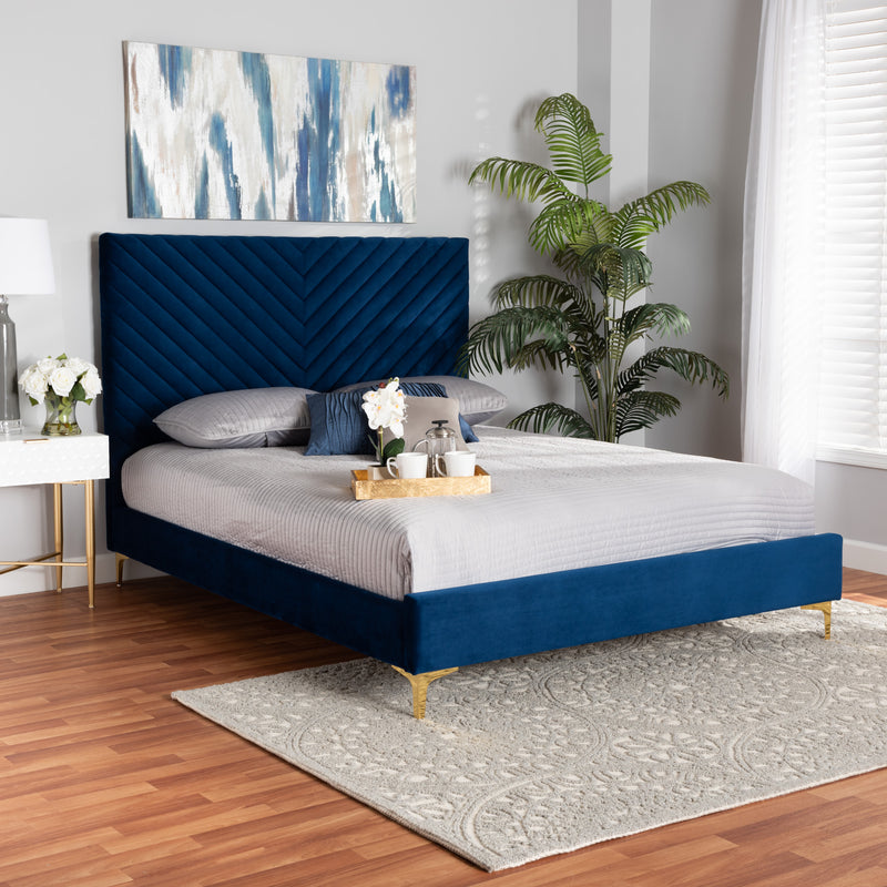 Fabrico Platform Bed - Contemporary Glam and Luxe Navy Blue Velvet Upholstered with Gold Metal