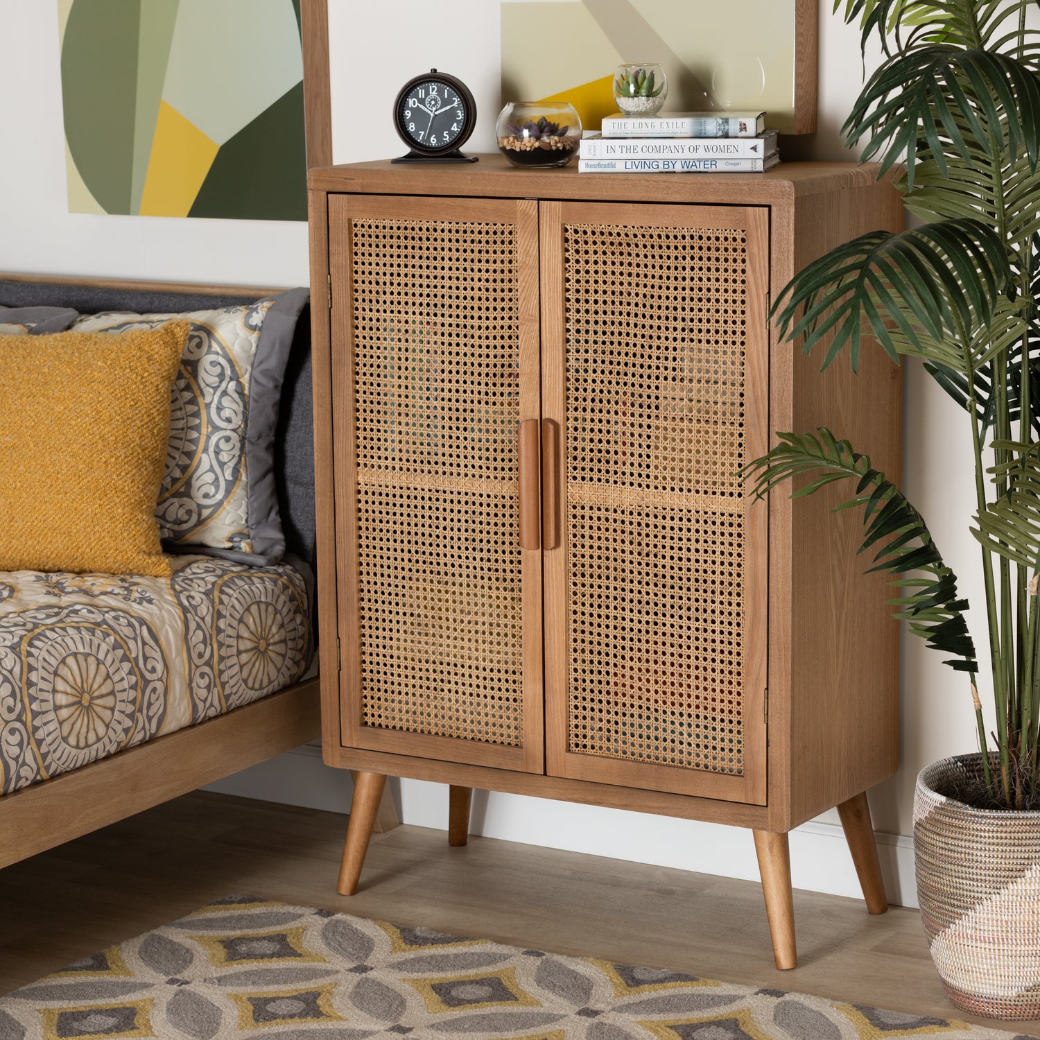 Alina Accent Storage Cabinet Mid-Century Modern Design with Oak Finish and Rattan Doors Stylish 2-Door Wood Storage Solution for Home Decor