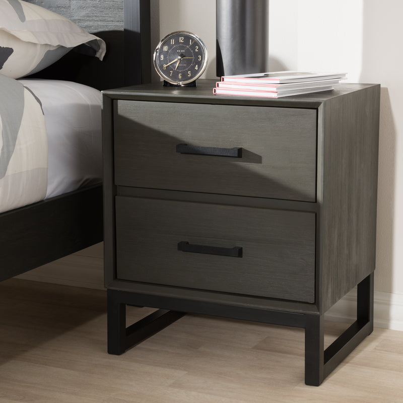 Parris Nightstand Rustic Grey Wood and Black Metal 2-Drawer Bedroom Furniture with Modern Design