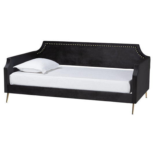 Pita Twin Size Daybed in Glam Luxe Black Velvet with Gold Metal Accents