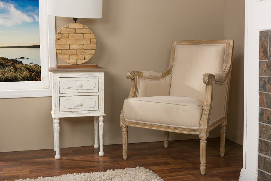 Chavanon Traditional French Accent Chair in Wood and Light Beige Linen for Elegant Home Decor