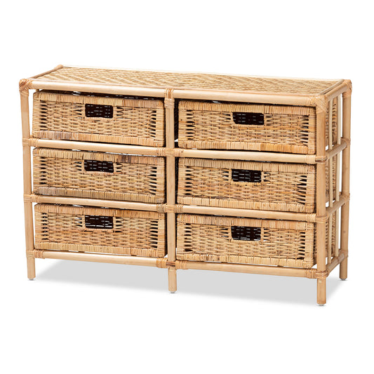 Dariana Storage Cabinet Modern Bohemian Natural Brown Rattan 6 Drawers for Stylish Organization and Home Decor