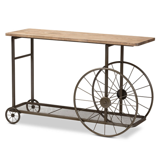 Terence Console Table Vintage Rustic Industrial Design with Natural Wood Finish and Black Metal Wheels