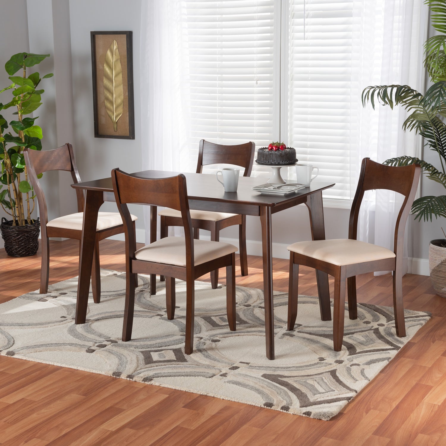 Adreana Dining Set Mid-Century Modern 5-Piece Cream Fabric and Dark Brown Wood Furniture for Stylish Dining Rooms