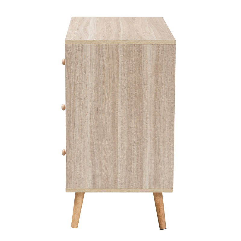 Beau Storage Cabinet Mid-Century Modern Design with Two-Tone White and Oak Brown Wood, Featuring 3 Drawers for Stylish Organization