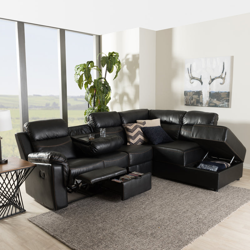 Roland Sectional Modern and Contemporary Black Faux Leather 2-Piece with Recliner and Storage Chaise