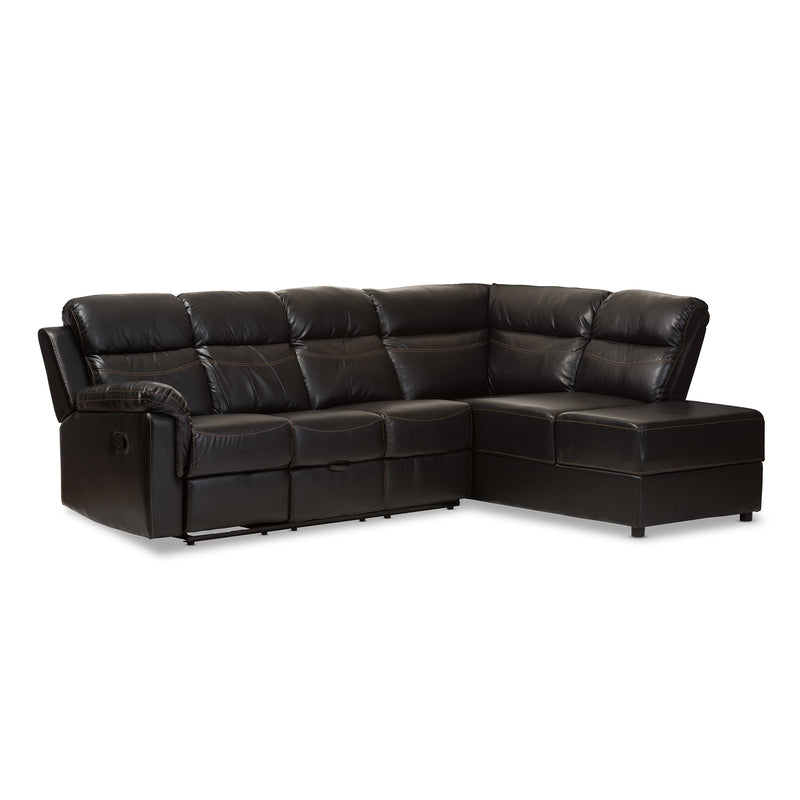 Roland Sectional Modern and Contemporary Black Faux Leather 2-Piece with Recliner and Storage Chaise