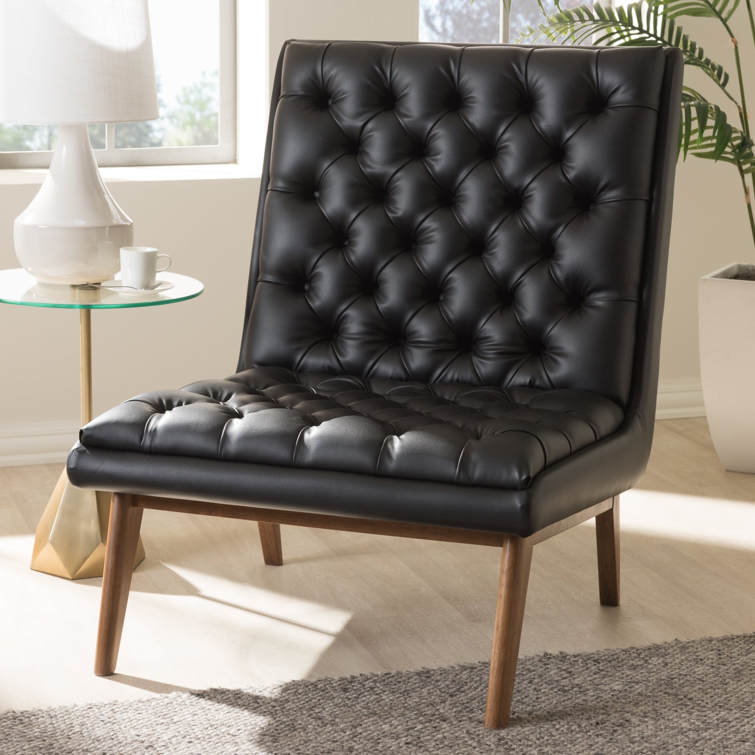 Annetha Lounge Chair Mid-Century Modern Black Faux Leather with Walnut Frame Stylish Upholstered Seating for Living Room or Office