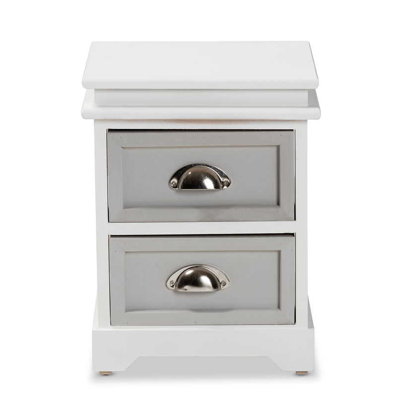 Cachet Modern Two-Tone Grey and White Wood End Table with 2 Drawers for Stylish Living Room Storage