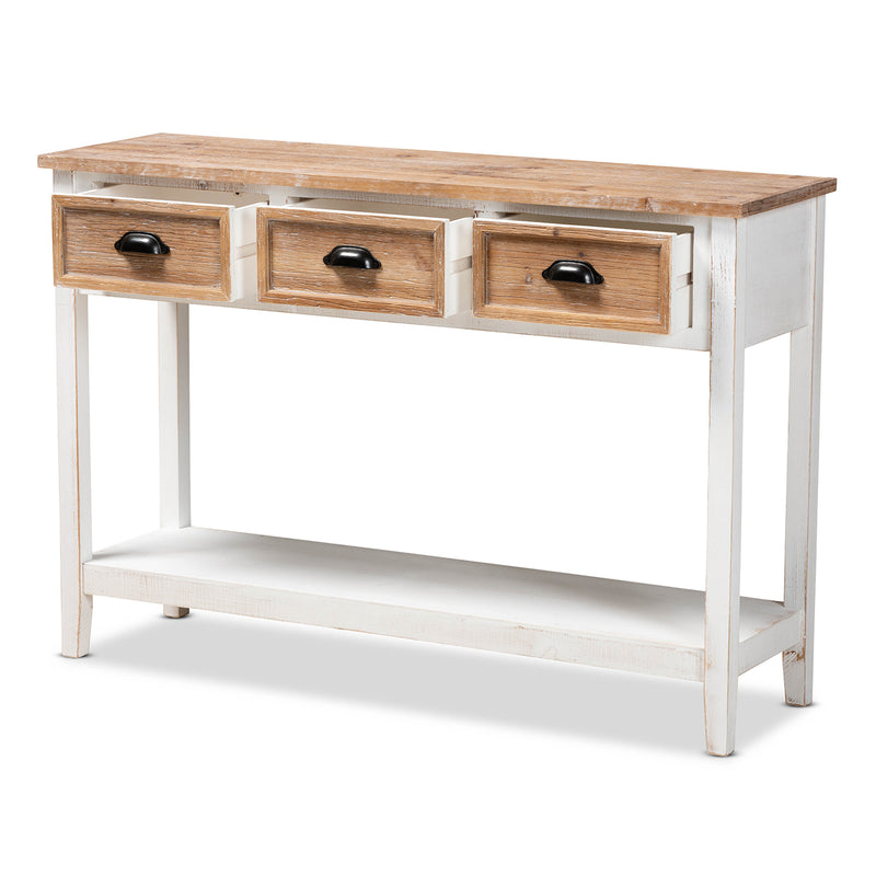 Benedict Console Table Traditional Farmhouse Rustic Design Two-Tone White and Oak Brown Finish with 3 Drawers for Storage