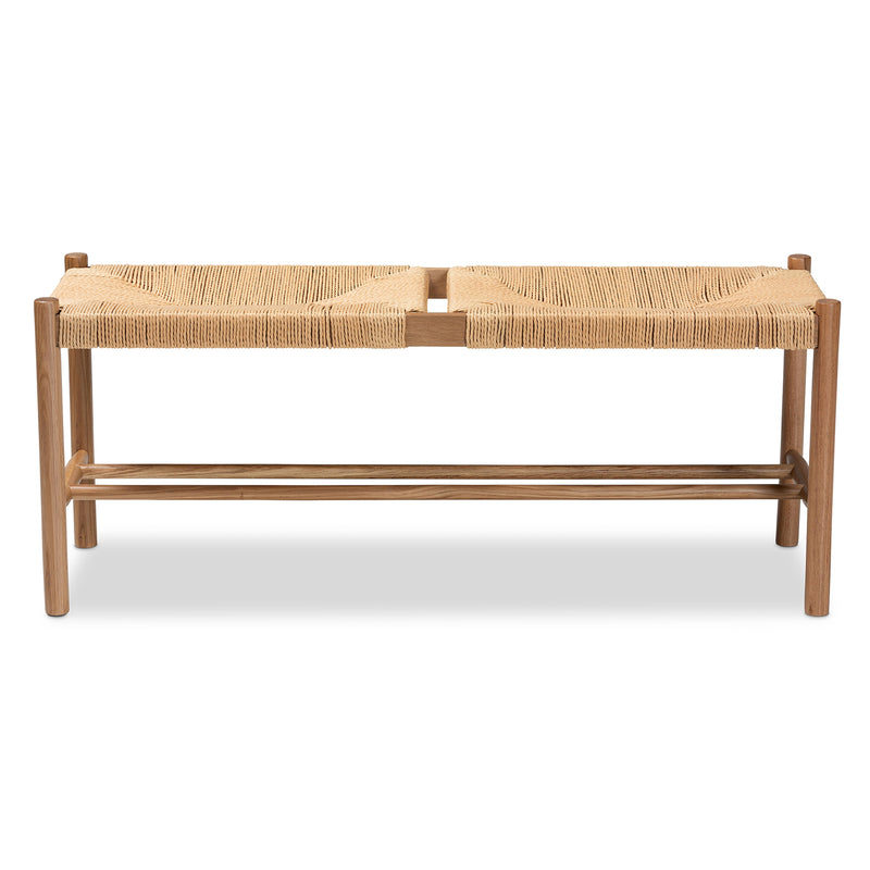 Saura Dining Bench Mid-Century Modern Oak Brown Wood with Hemp Upholstery for Stylish Dining Spaces