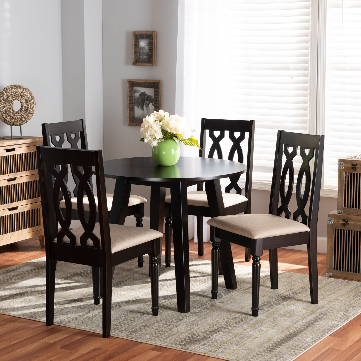 Heidi 5-Piece Dining Set Modern Sand Fabric Upholstered Chairs with Dark Brown Finished Wood Table