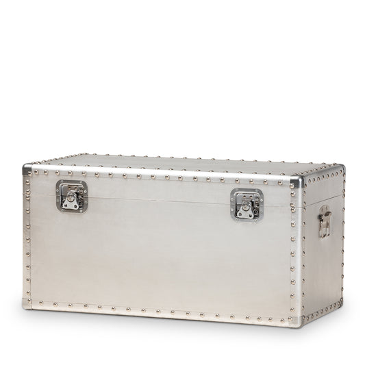 Serge Silver Metal Storage Trunk French Industrial Style Decorative Chest for Home Organization and Vintage Decor