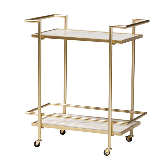 Louise 2-Tier Wine Cart in Contemporary Glam Style with Gold Metal and White Marble Finish