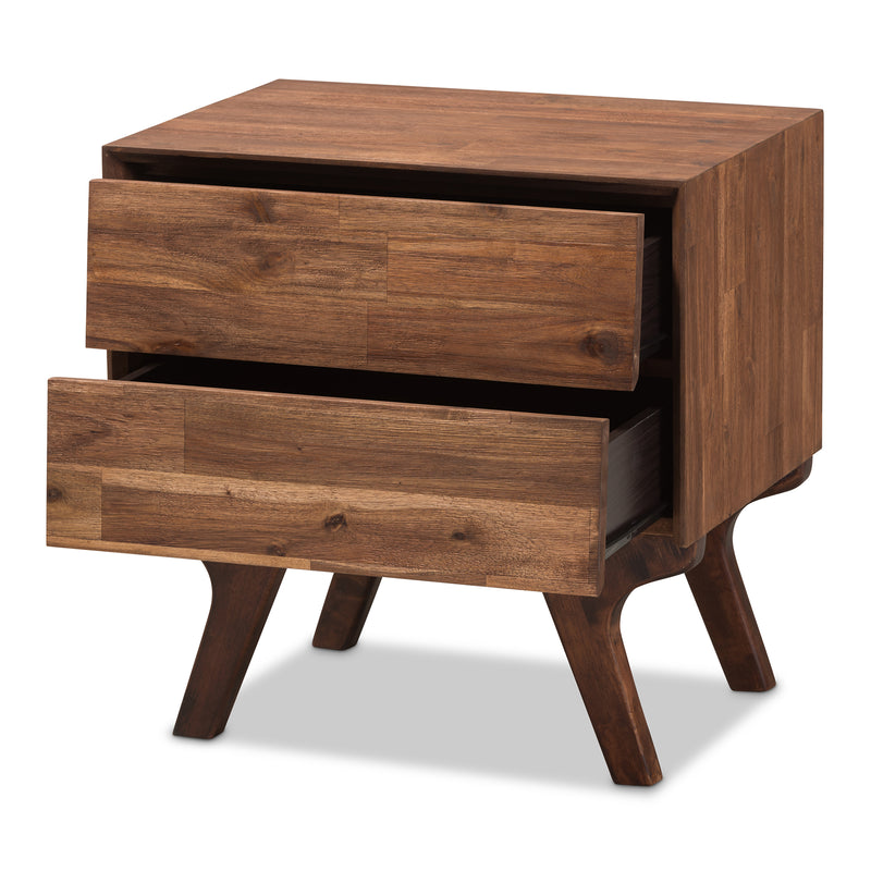 Sierra Mid-Century Modern Nightstand Brown Wood 2-Drawer Bedside Table with Stylish Design and Functional Storage