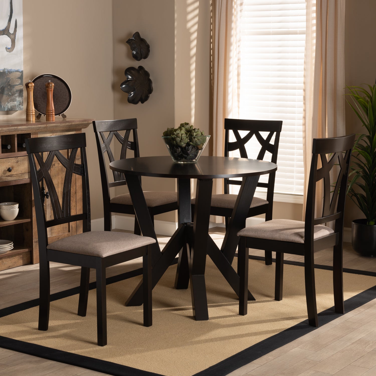 Reagan 5-Piece Dining Set Modern Sand Fabric Upholstered Chairs with Dark Brown Finished Wood Table