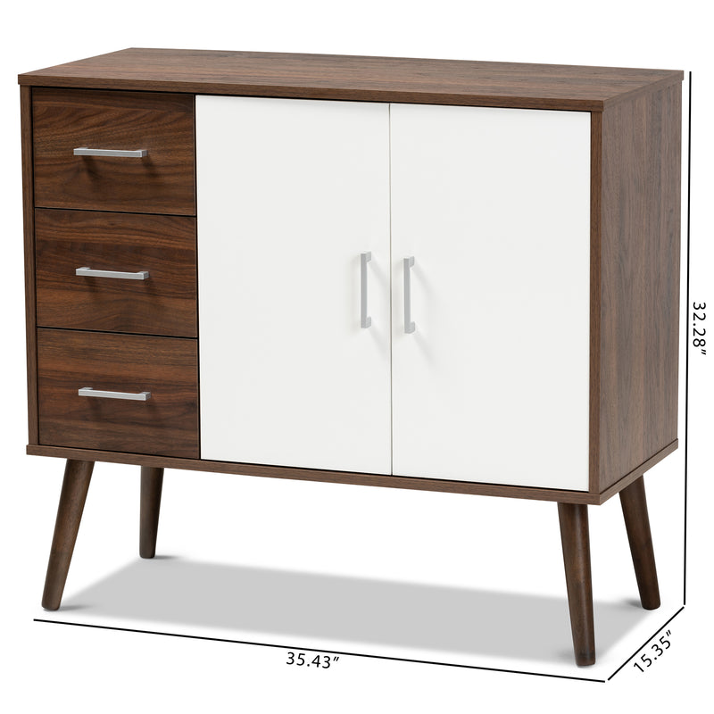 Leena Mid-Century Modern Sideboard Buffet - Two-Tone White and Walnut Wood with 3 Drawers for Stylish Storage and Organization