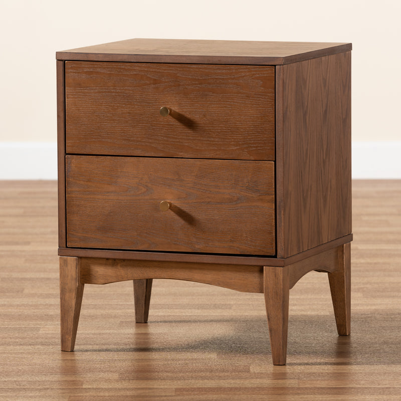 Landis Mid-Century Modern Nightstand Ash Walnut Finished Wood with 2 Drawers for Stylish Bedroom Storage