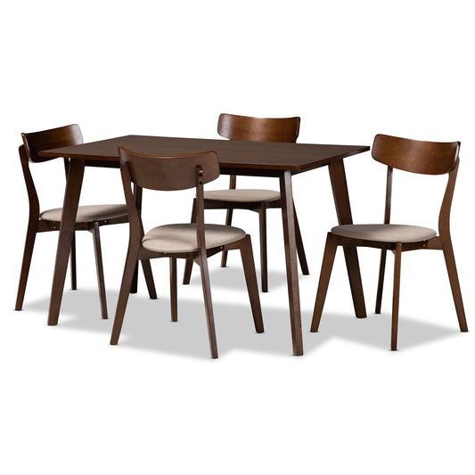 Nori Dining Set Mid-Century Modern Transitional Light Beige Fabric Upholstered Walnut Brown Finished Wood 5-Piece