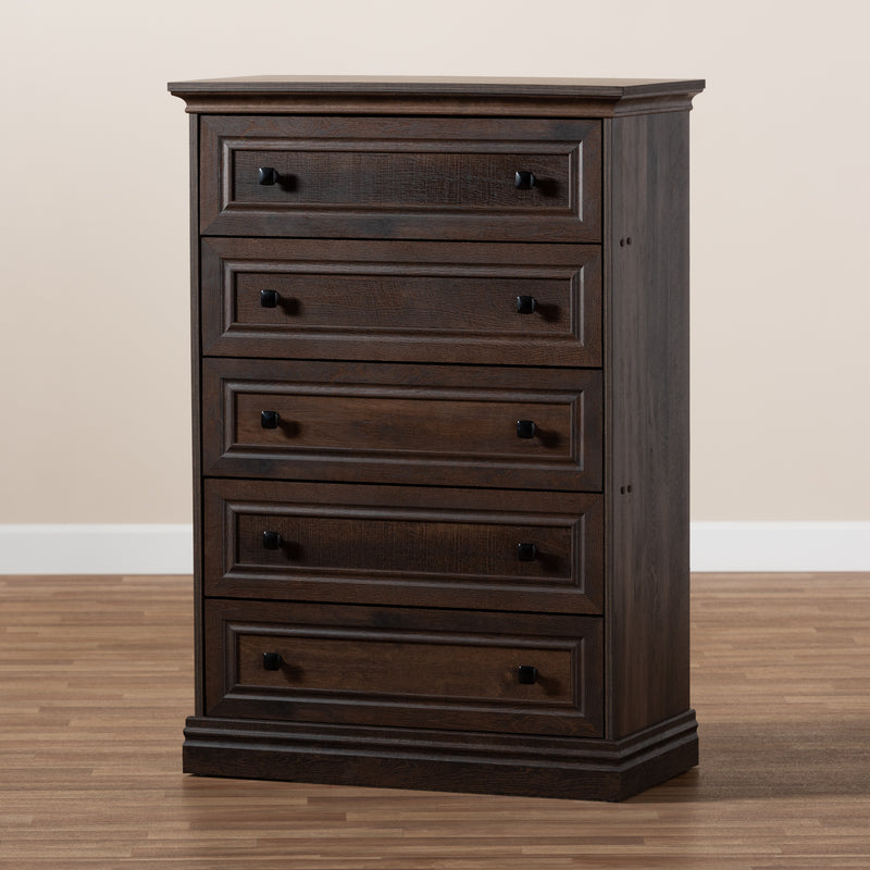 Nolan 5-Drawer Wood Chest in Hazel Walnut Finish - Stylish Storage for Bedroom or Living Room