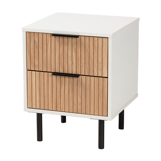 Karima End Table - Mid-Century Modern Two-Tone Design in White and Natural Brown Wood with Black Metal, Featuring 2 Storage Drawers