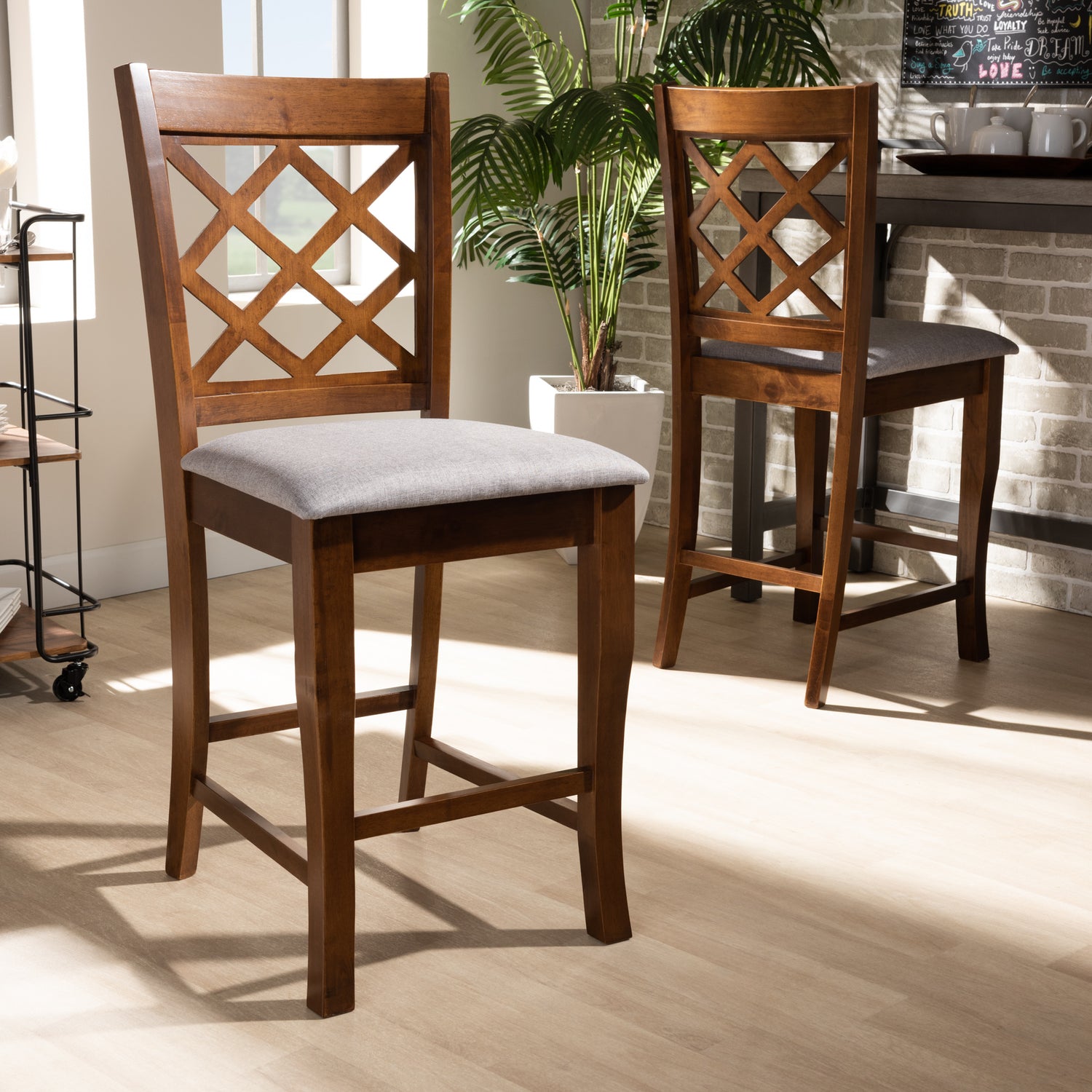 Aria Counter Height Pub Chair Set - Modern Grey Fabric Upholstered with Walnut Brown Finished Wood, 2-Piece Design for Stylish Dining