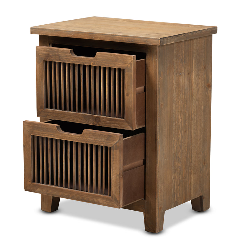 Clement Rustic Transitional End Table Medium Oak Finished Wood with 2 Drawers and Spindle Design