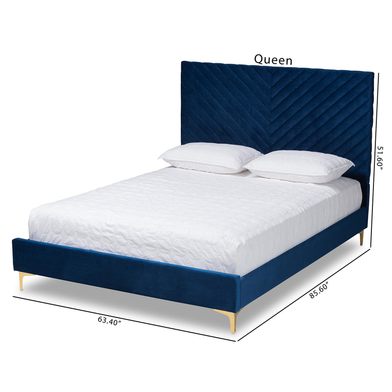 Fabrico Platform Bed - Contemporary Glam and Luxe Navy Blue Velvet Upholstered with Gold Metal