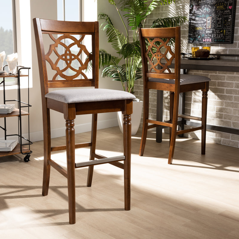 Alexandra Bar Stool Set Modern and Contemporary Grey Fabric Upholstered Espresso Brown Finished Wood 2-Piece