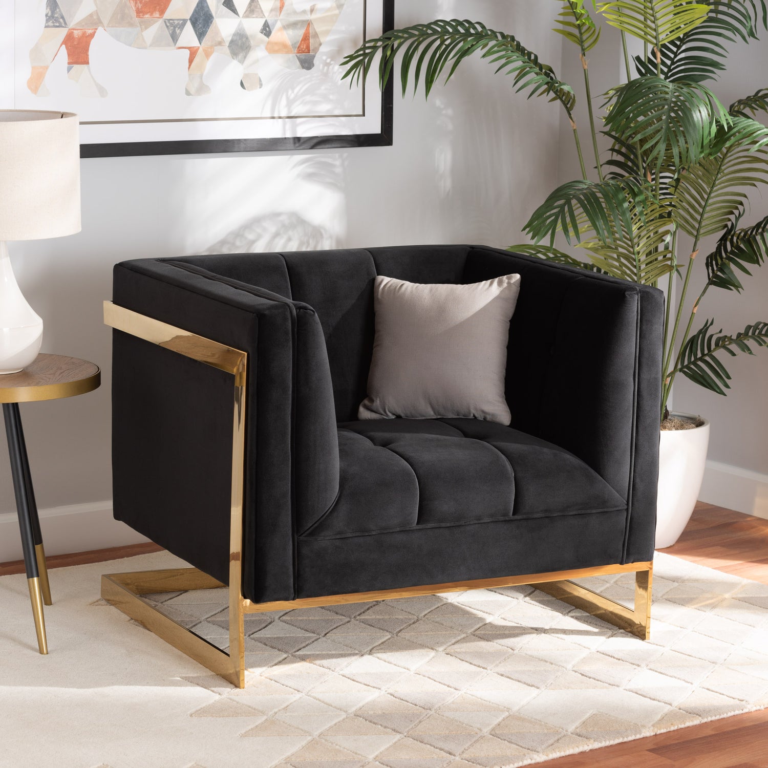 Ambra Glam Armchair Luxe Black Velvet Fabric Upholstered and Button Tufted with Gold-Tone Frame