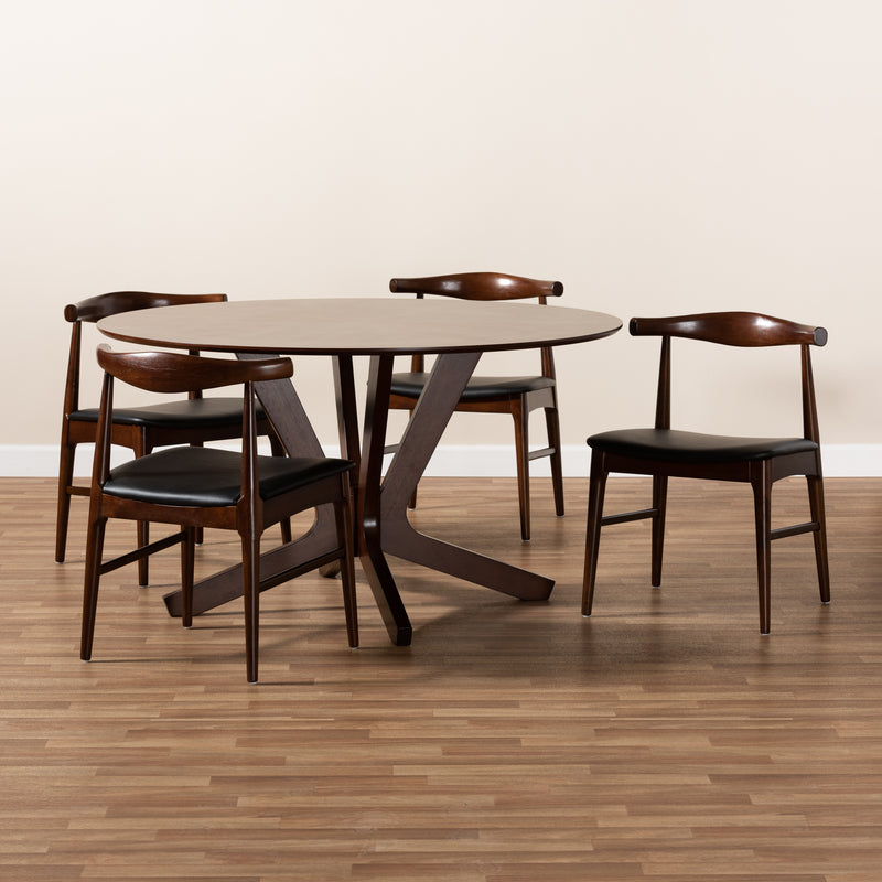 Berlin 5-Piece Wood Dining Set - Mid-Century Modern with Black Faux Leather Upholstery and Walnut Finish