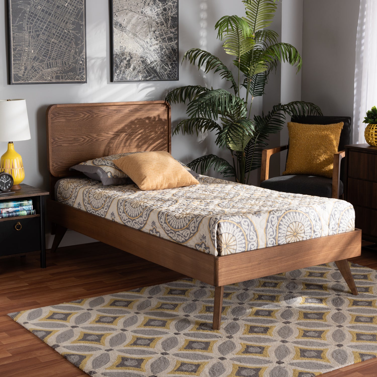 Leola Twin Size Platform Bed Mid-Century Modern Design in Walnut Brown Finished Wood