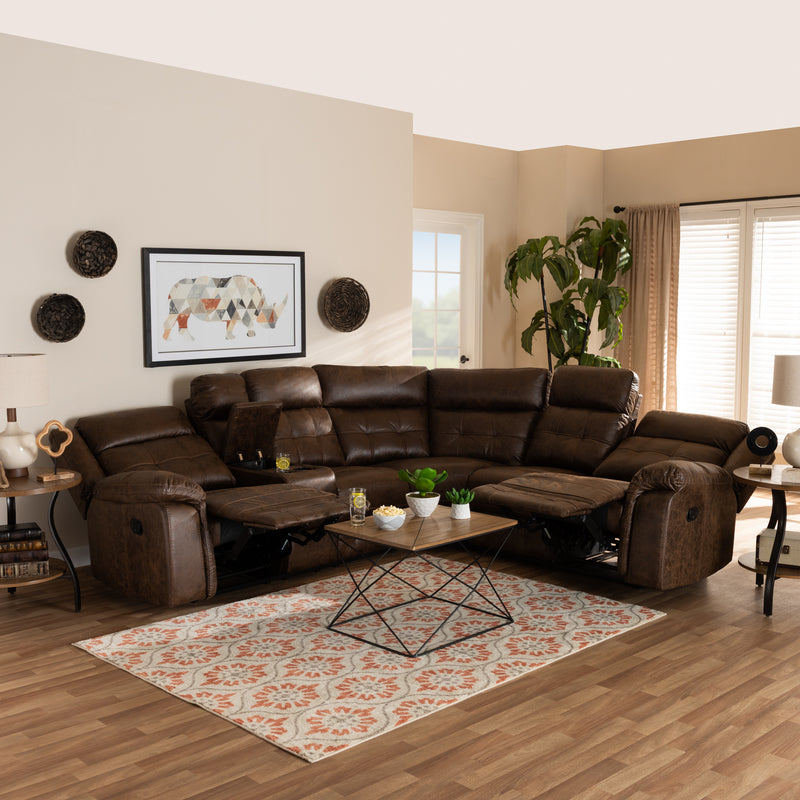 Vesa Sectional Recliner Sofa Modern and Contemporary Brown Leather-Like Fabric Upholstered 6-Piece with 2 Reclining Seats