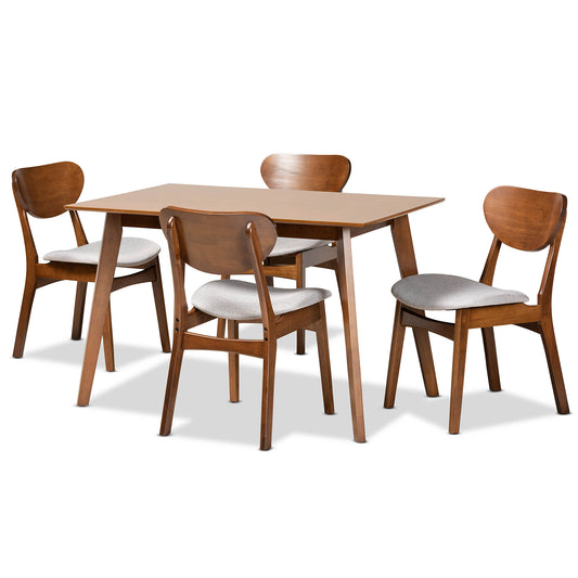 Katya Dining Set Mid-Century Modern Grey Fabric Upholstered Walnut Brown Finished Wood 5-Piece