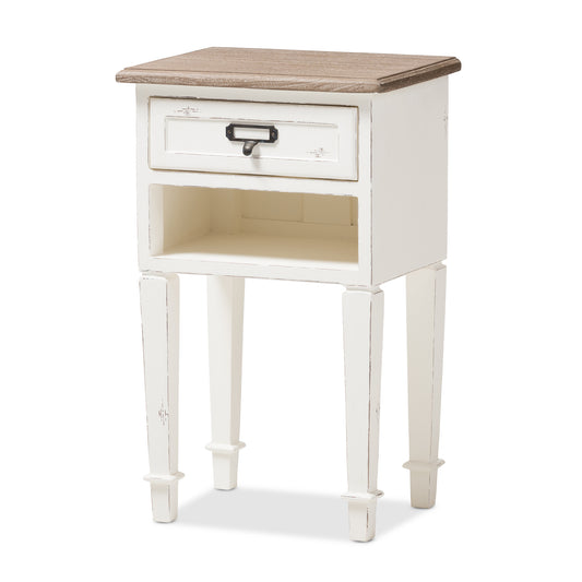 Dauphine Nightstand Provincial Style Weathered Oak with White Wash Distressed Finish Elegant Wood Design for Bedroom Storage and Decor