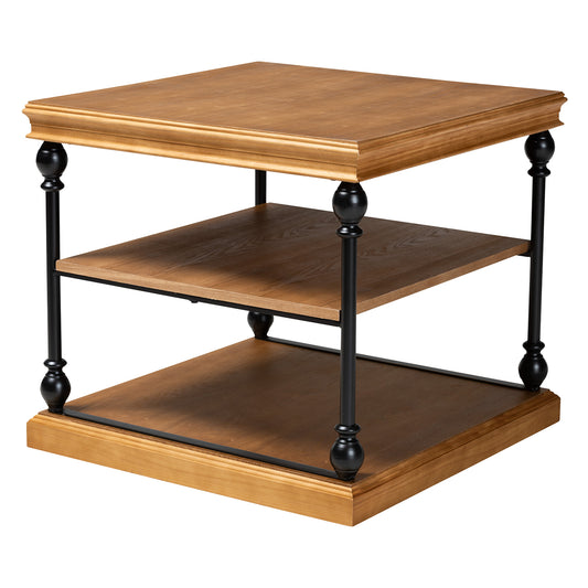 Sebastian End Table Traditional Industrial Oak Brown Finished Wood and Black Metal 3-Tier