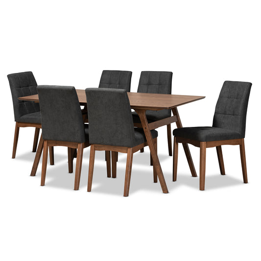 Tara Dining Set Mid-Century Modern Dark Grey Fabric Upholstered Walnut Brown Finished Wood 7-Piece